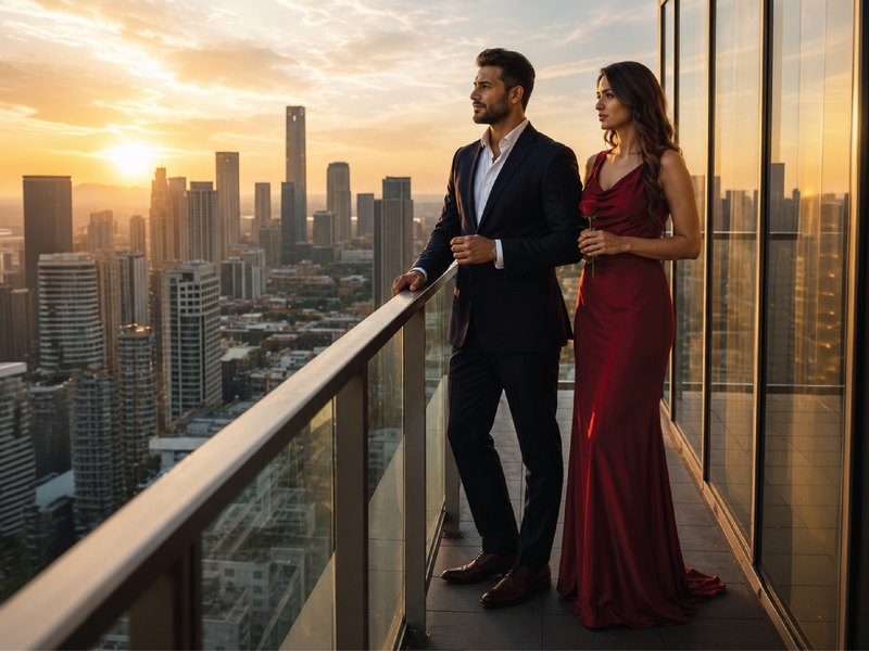 Residents on a private balcony at sunset