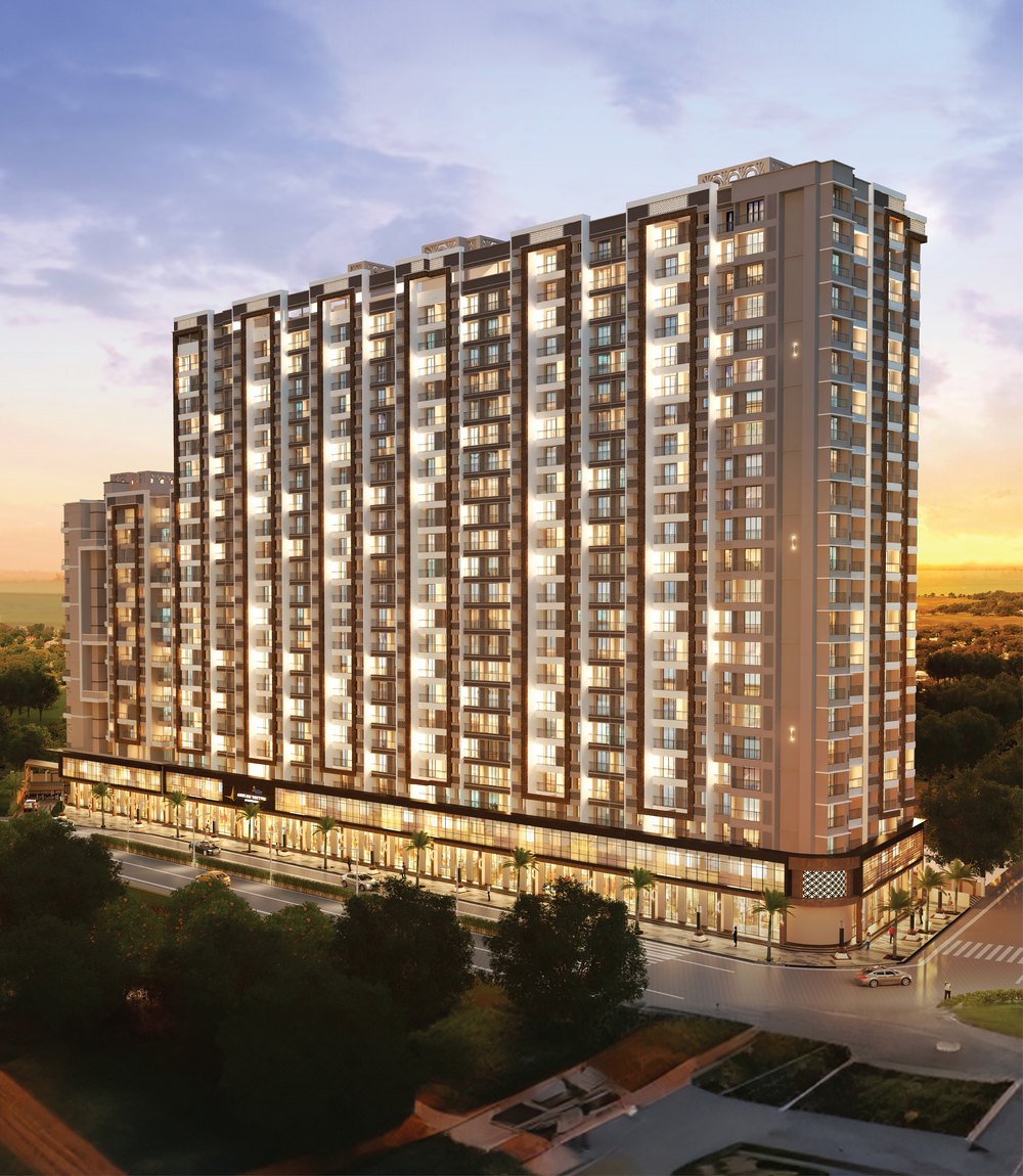 Ashlar Tattva tower elevation at dusk